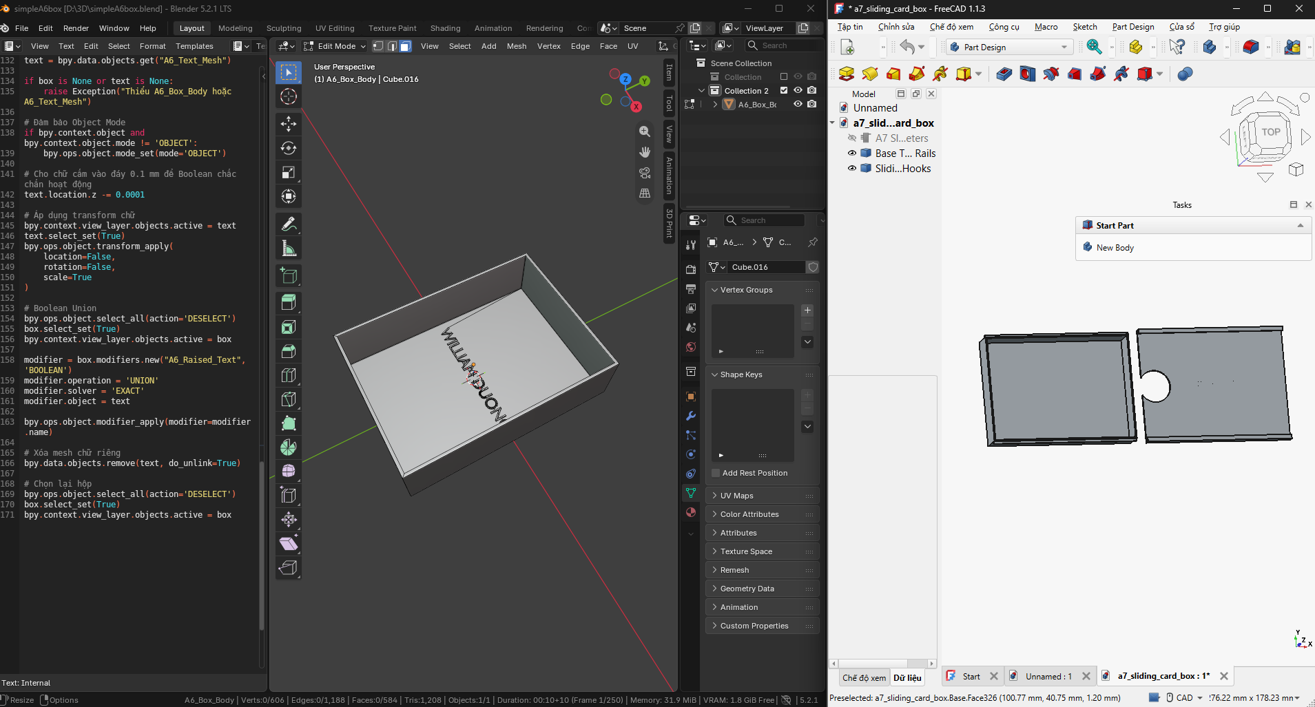 The same box design open in Blender and FreeCAD