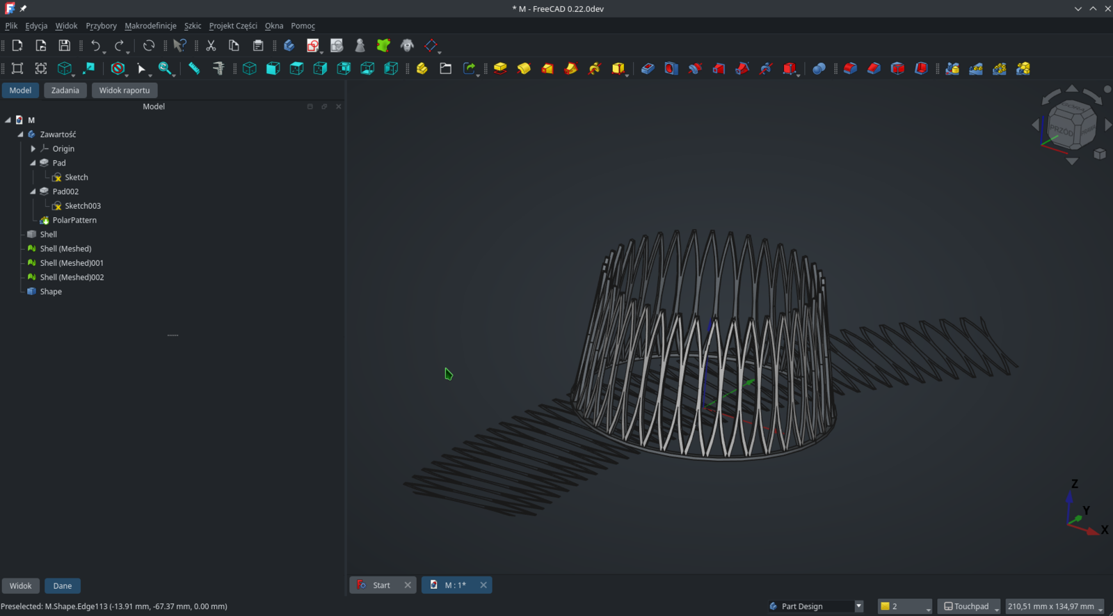 FreeCAD interface with a model tree, Part Design tools, and a parametric model