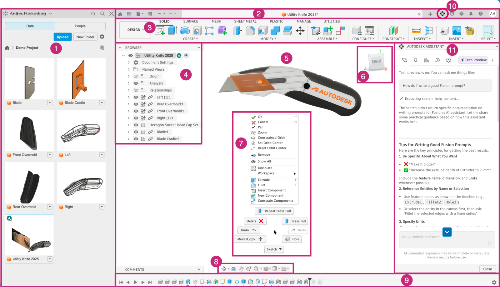 Autodesk Fusion interface with browser, toolbar, timeline, and mechanical object