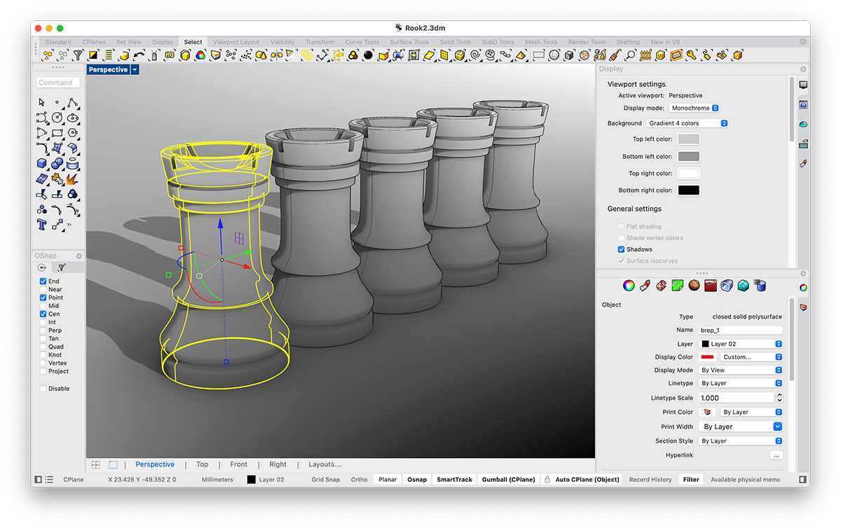 Rhino interface with viewport, control curves, and properties panel
