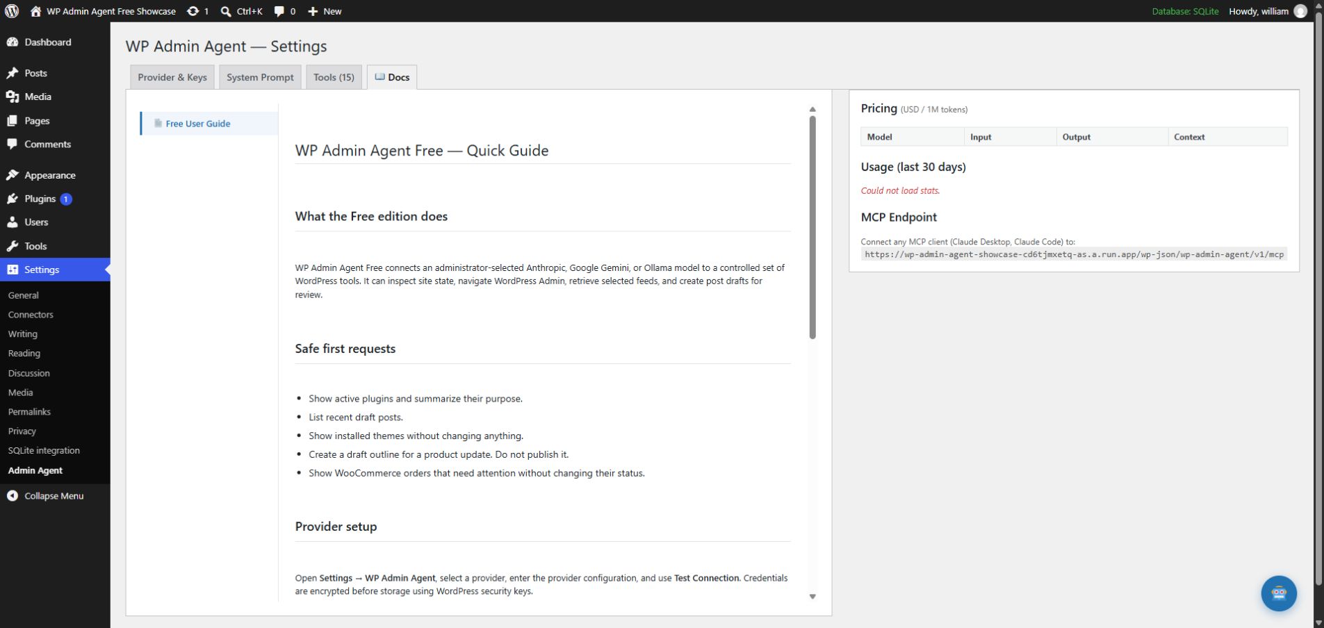 Built-in Admin Agent documentation inside WordPress