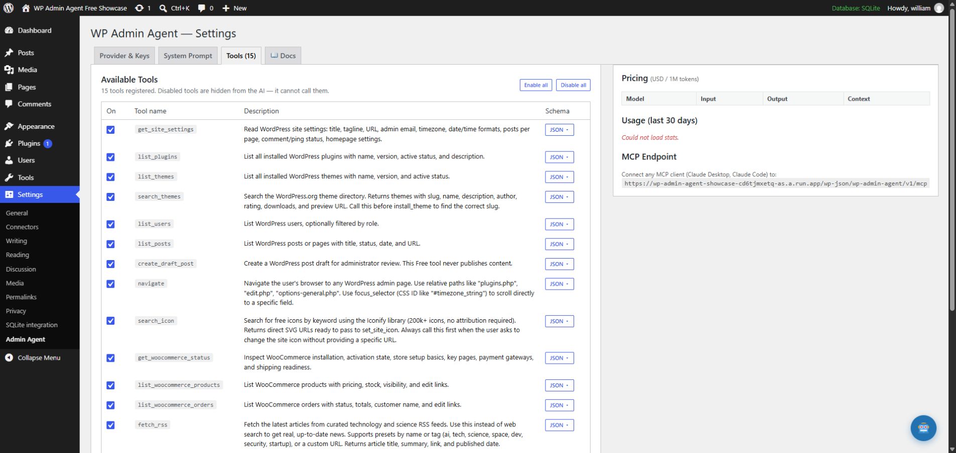 Admin Agent tool registry with per-tool controls