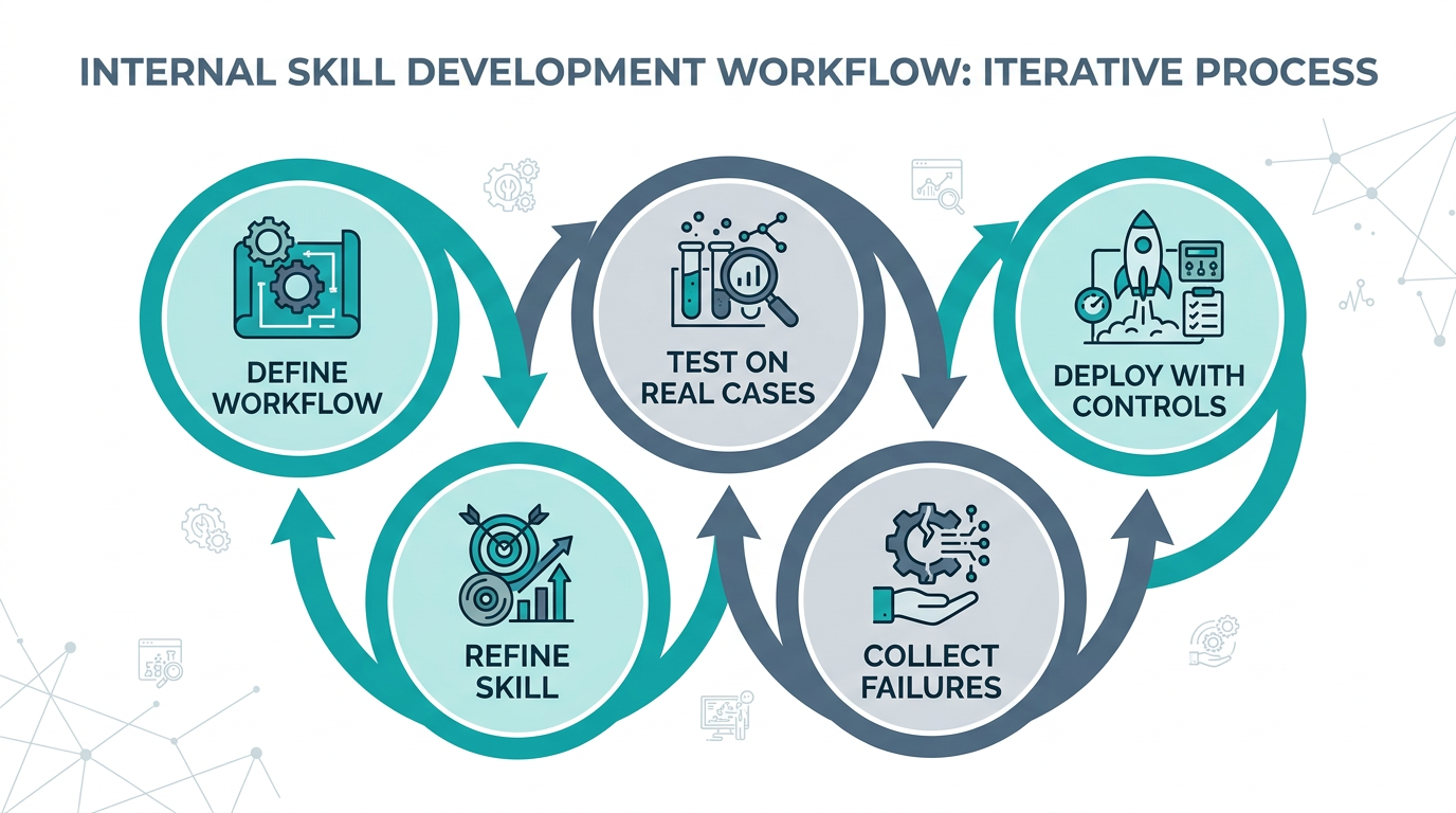 Internal skill development loop: define, test, deploy, collect failures, refine